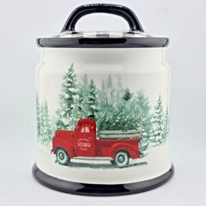 Vintage Style Christmas Cookie Jar Red Truck Fresh Cut Trees Ceramic Canister